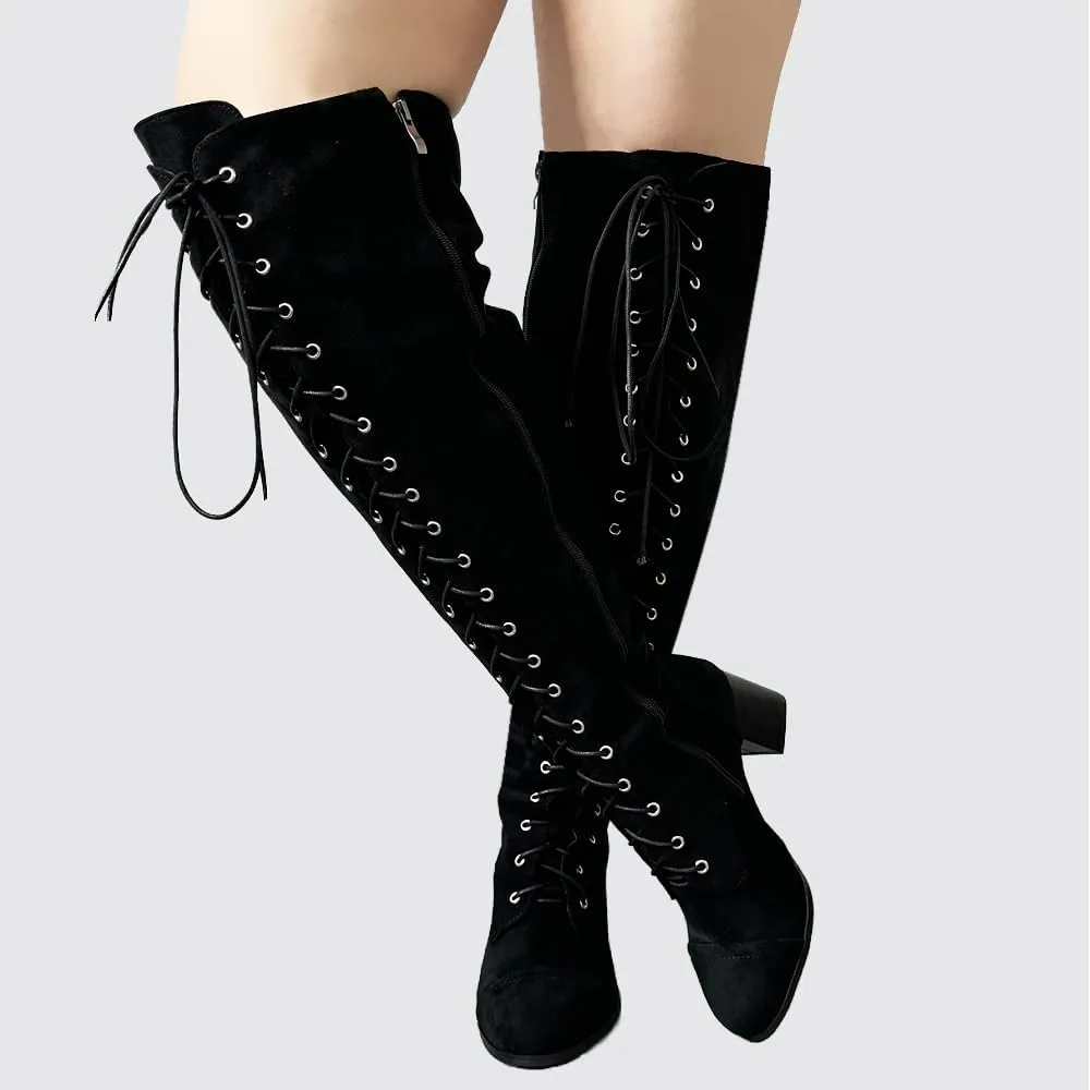 YING LAN Women's Over The Knee Low Heel Lace Up Tall Boots