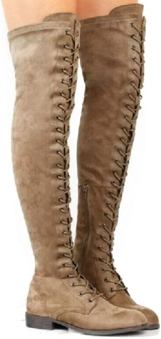 YING LAN Women's Over The Knee Low Heel Lace Up Tall Boots