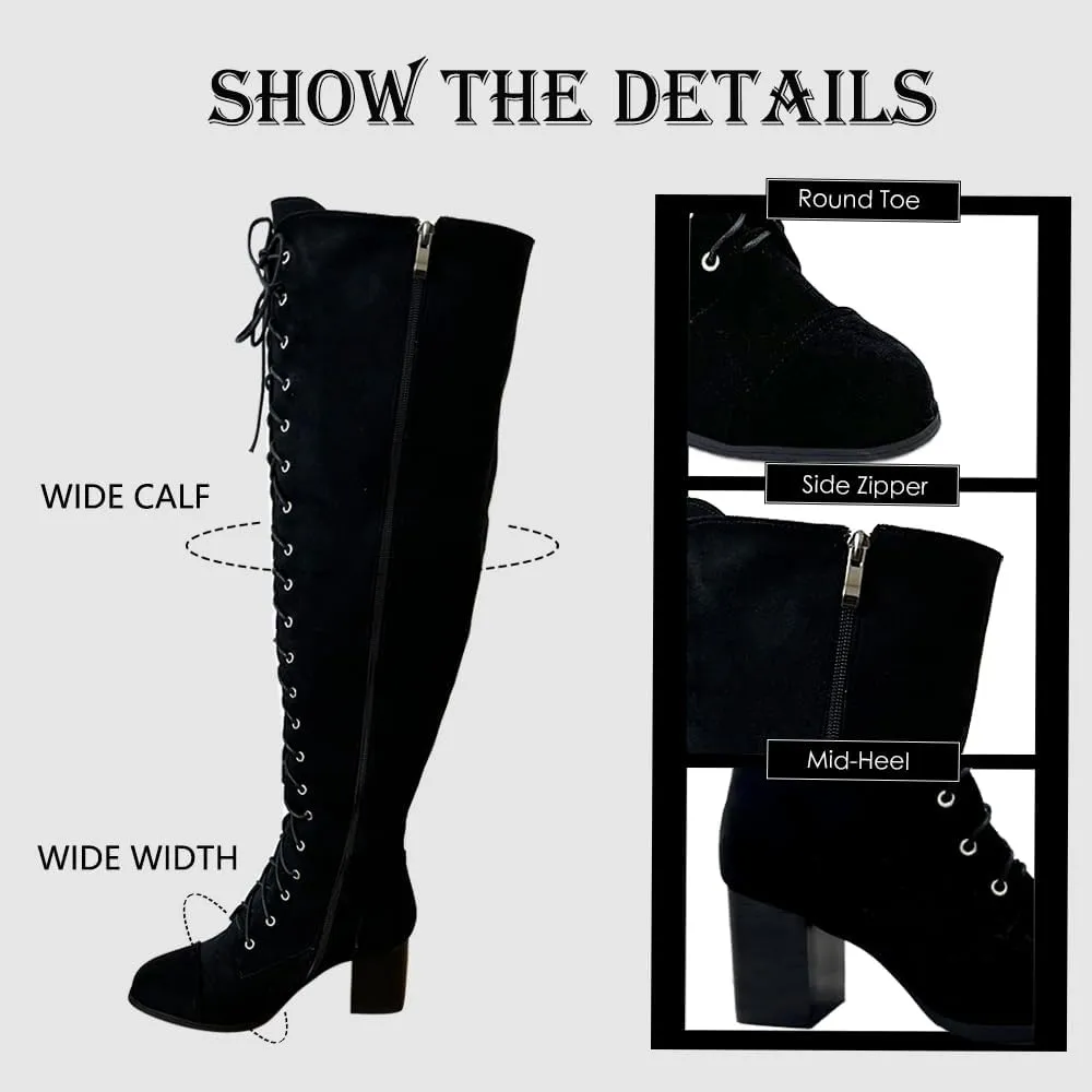 YING LAN Women's Over The Knee Low Heel Lace Up Tall Boots