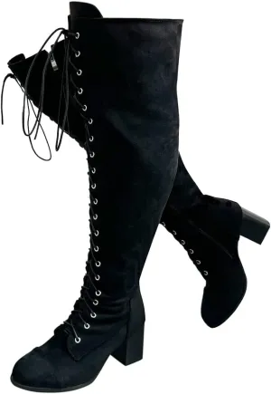 YING LAN Women's Over The Knee Low Heel Lace Up Tall Boots