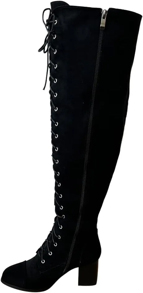 YING LAN Women's Over The Knee Low Heel Lace Up Tall Boots