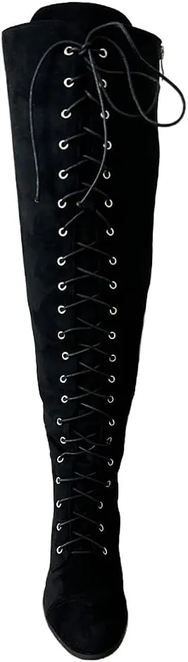 YING LAN Women's Over The Knee Low Heel Lace Up Tall Boots