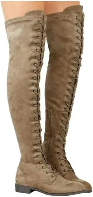 ZBYY Women's Over The Knee Low Heel Lace Up Tall Boots Fashion Side Zipper Thigh High Stretchy Boots Casual Riding Booties