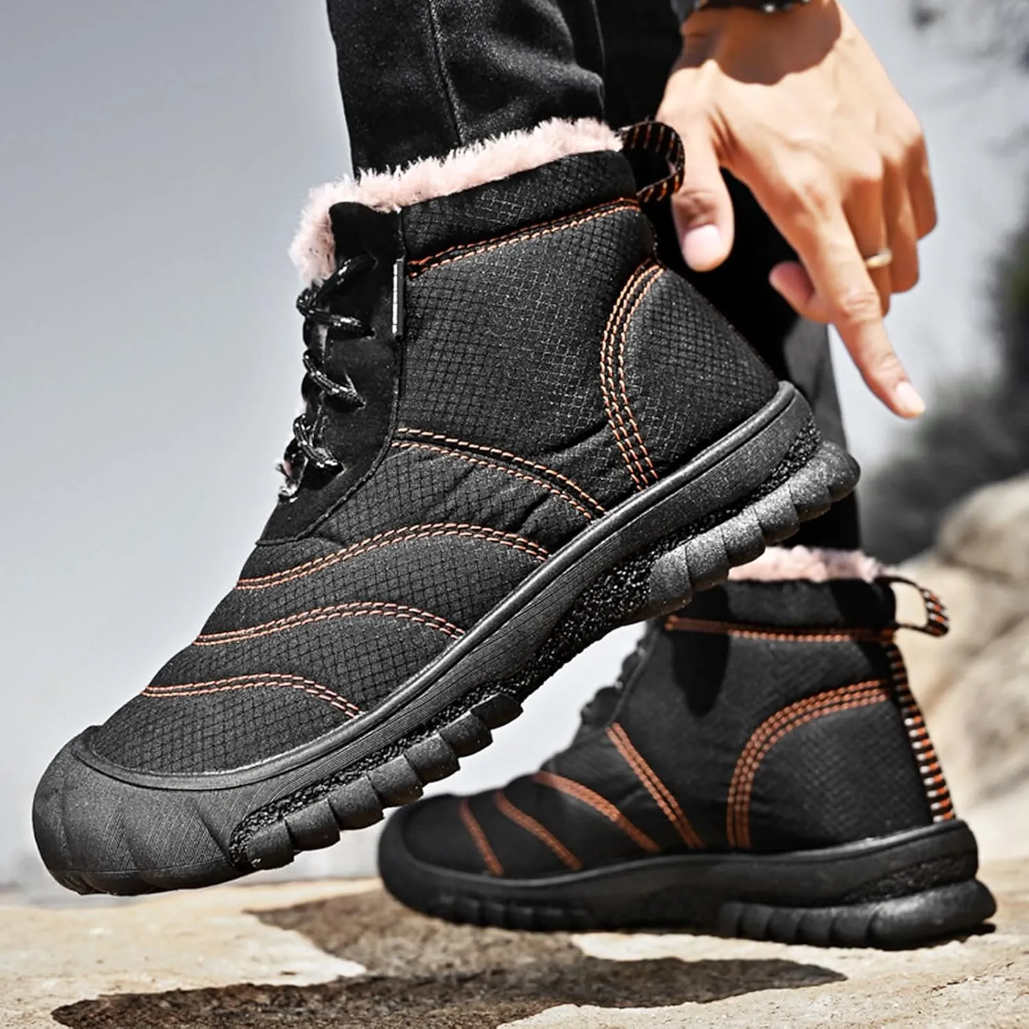 Zeberfi Men's Warm Fur Lined Snow Boots Winter Casual Trekking Anti-Slip Waterproof Backpacking Boots Lightweight Outdoor Hiking Canvas Ankle Boot