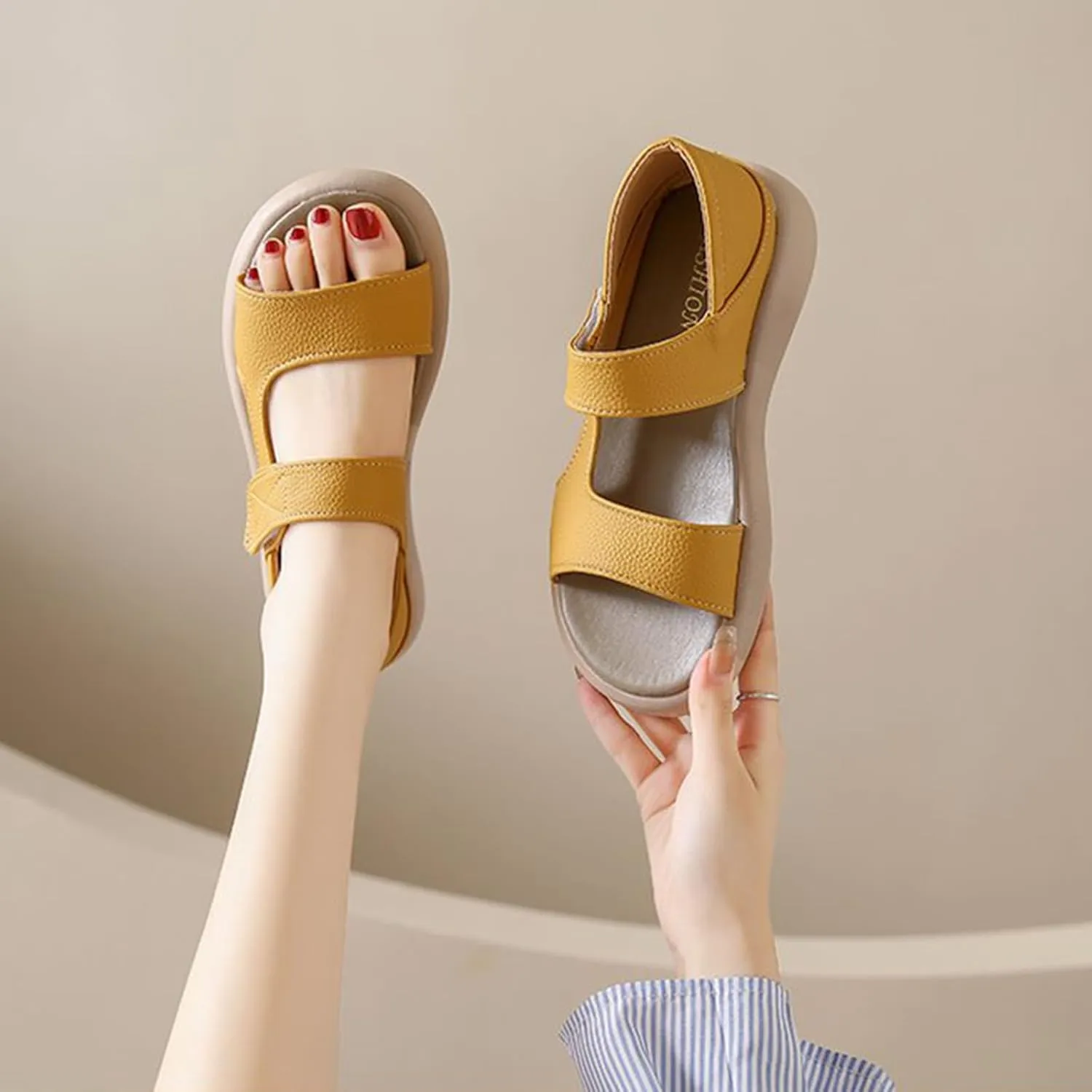 Zeberfi Women's Leather Hook & Loop Platforms Sandals Fashion Open Round Toe Soft Sole Slip On Casual Sandals Summer Comfortable Lightweight Walking Flat Sandals Shoes
