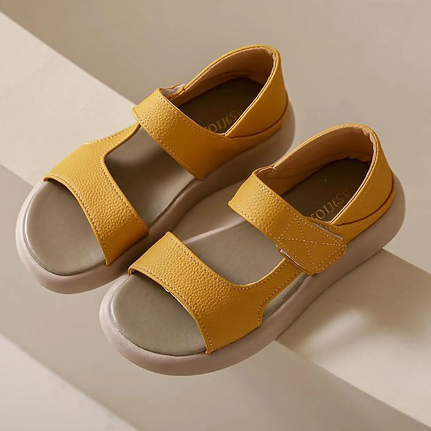 Zeberfi Women's Leather Hook & Loop Platforms Sandals Fashion Open Round Toe Soft Sole Slip On Casual Sandals Summer Comfortable Lightweight Walking Flat Sandals Shoes