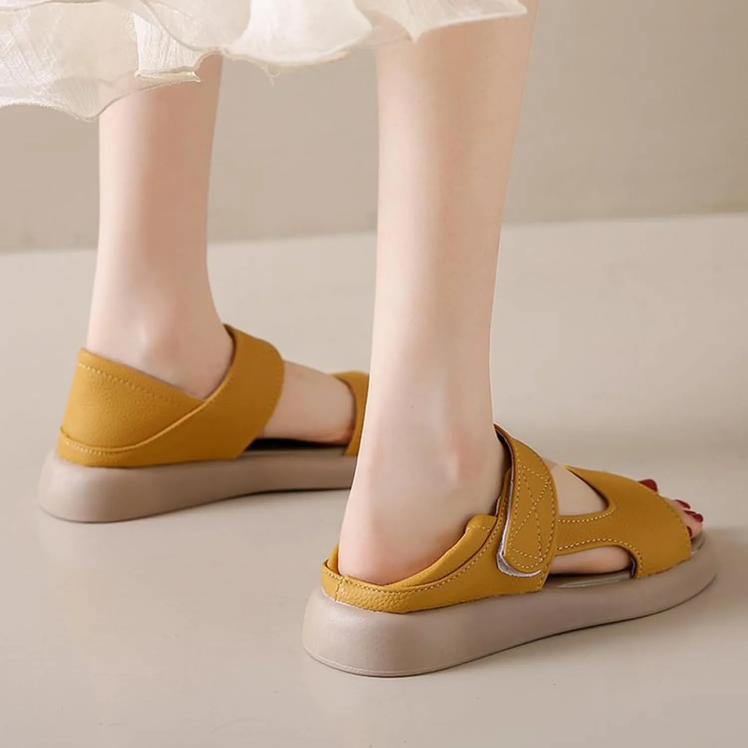 Zeberfi Women's Leather Hook & Loop Platforms Sandals Fashion Open Round Toe Soft Sole Slip On Casual Sandals Summer Comfortable Lightweight Walking Flat Sandals Shoes