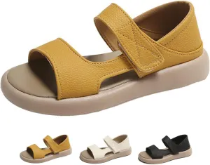 Zeberfi Women's Leather Hook & Loop Platforms Sandals Fashion Open Round Toe Soft Sole Slip On Casual Sandals Summer Comfortable Lightweight Walking Flat Sandals Shoes