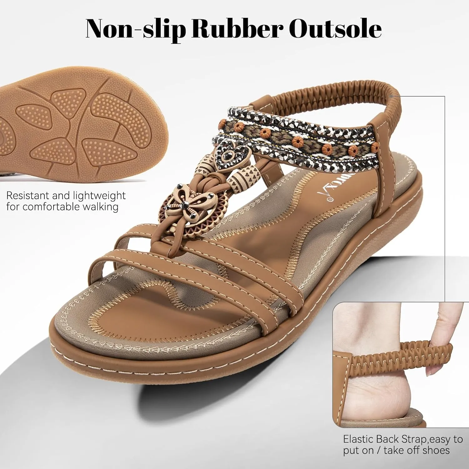 Zelaprox Women's Sandals Jeweled Crystal Summer Comfortable Slip-on Flat Sandals Open Toe Ankle Elastic Strap Beach Shoes Sandals Flops Dressy Sandals