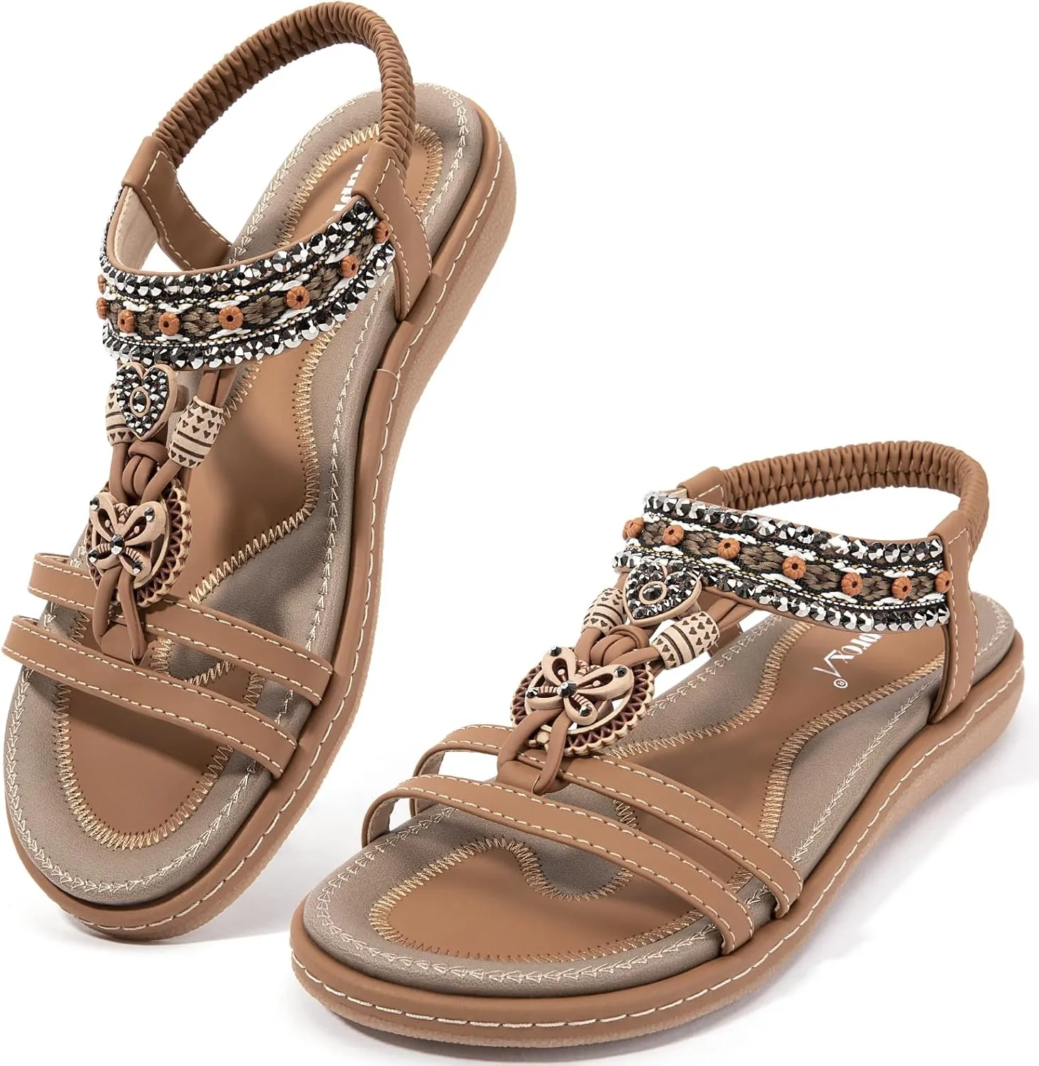 Zelaprox Women's Sandals Jeweled Crystal Summer Comfortable Slip-on Flat Sandals Open Toe Ankle Elastic Strap Beach Shoes Sandals Flops Dressy Sandals