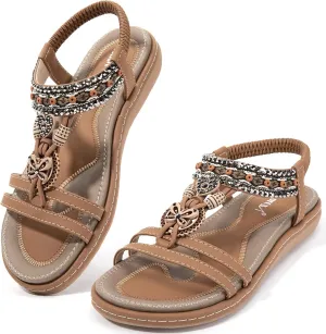 Zelaprox Women's Sandals Jeweled Crystal Summer Comfortable Slip-on Flat Sandals Open Toe Ankle Elastic Strap Beach Shoes Sandals Flops Dressy Sandals