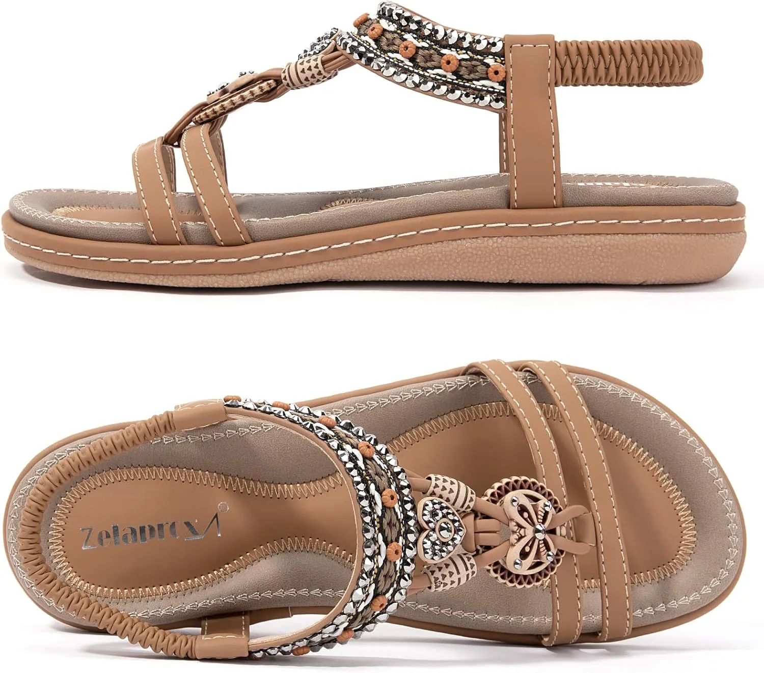 Zelaprox Women's Sandals Jeweled Crystal Summer Comfortable Slip-on Flat Sandals Open Toe Ankle Elastic Strap Beach Shoes Sandals Flops Dressy Sandals