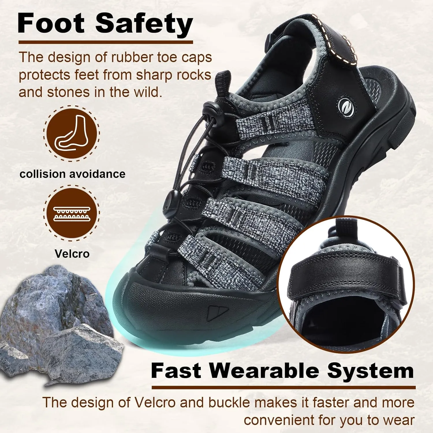 ziitop Mens Hiking Sandals Closed Toe Athletic Sport Sandals Leather Athletic Lightweight Trail Walking Casual Water Shoes