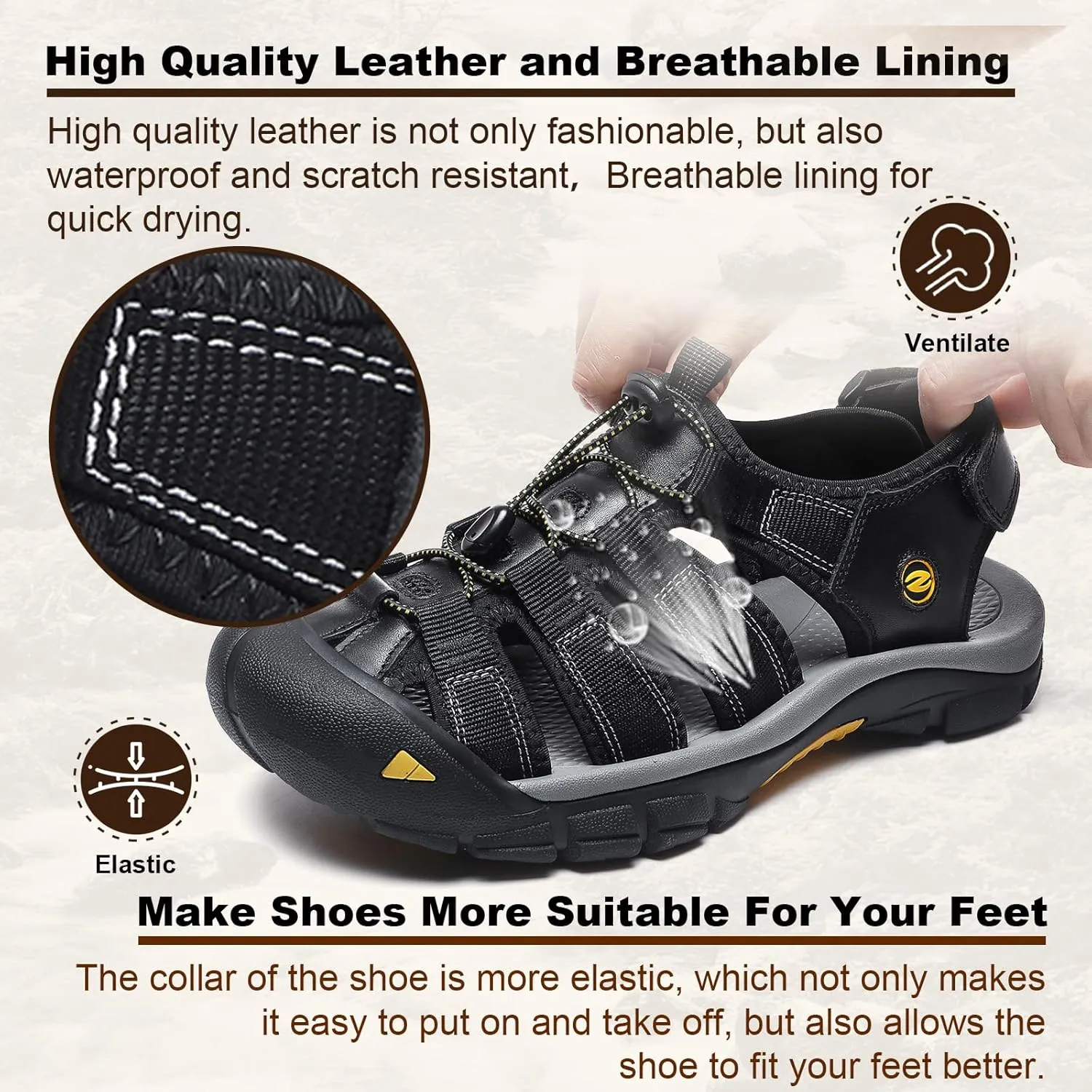ziitop Mens Hiking Sandals Closed Toe Athletic Sport Sandals Leather Athletic Lightweight Trail Walking Casual Water Shoes