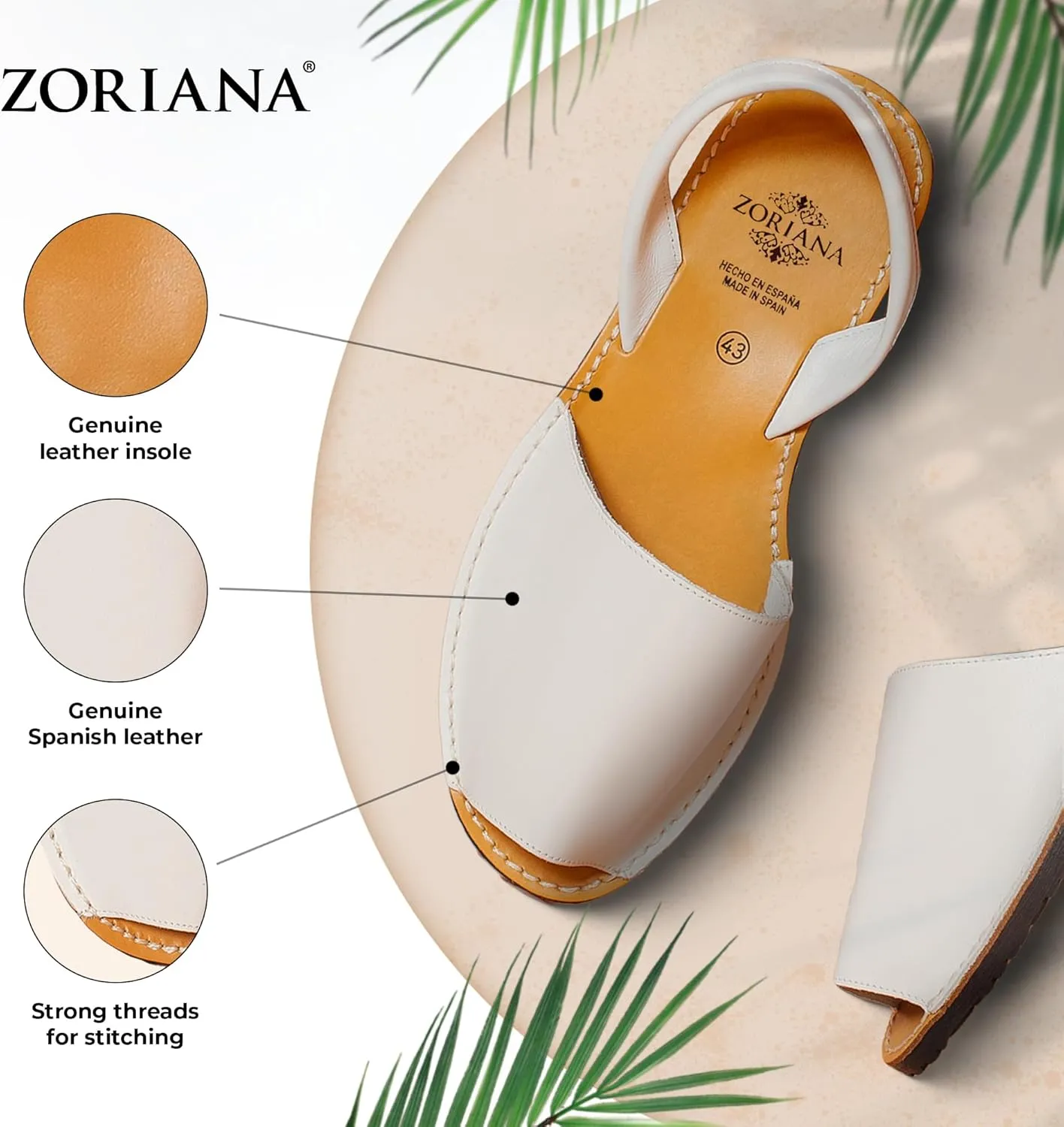 ZORIANA® Sandals for Women Handmade Leather, Dressy, Comfortable Sling Back Shoes Flat - Fashion Exclusively Made in Spain - Avarca Summer Trending Slingback Shoes 2023, 100% Spanish Genuine Leather