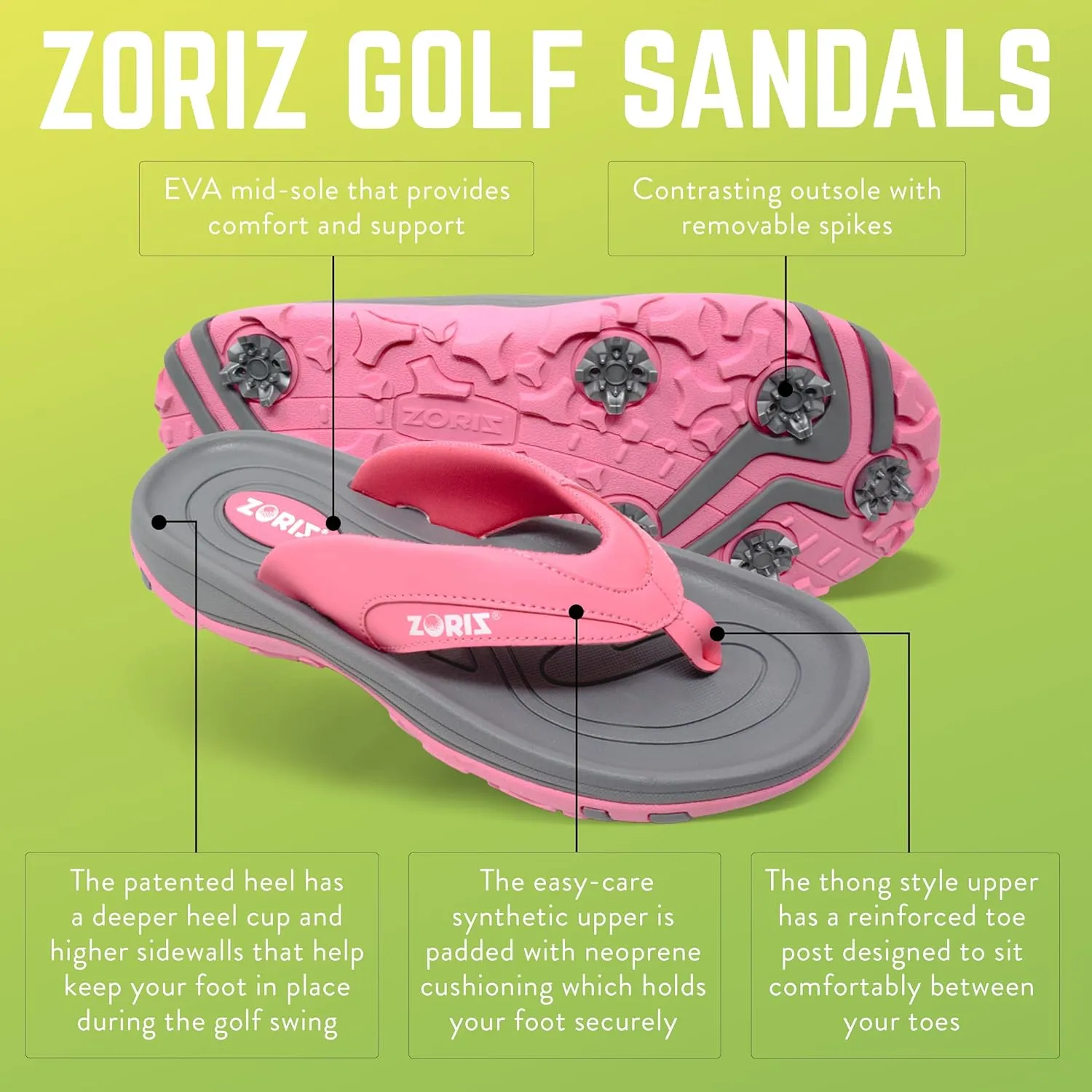 ZORIZ Next-GEN Golf Sandals for Women and Men, Golf Thong Flip Flops With Removable Soft Spikes, Golf Footwear With Deeper Heel Cup and Higher Sidewalls