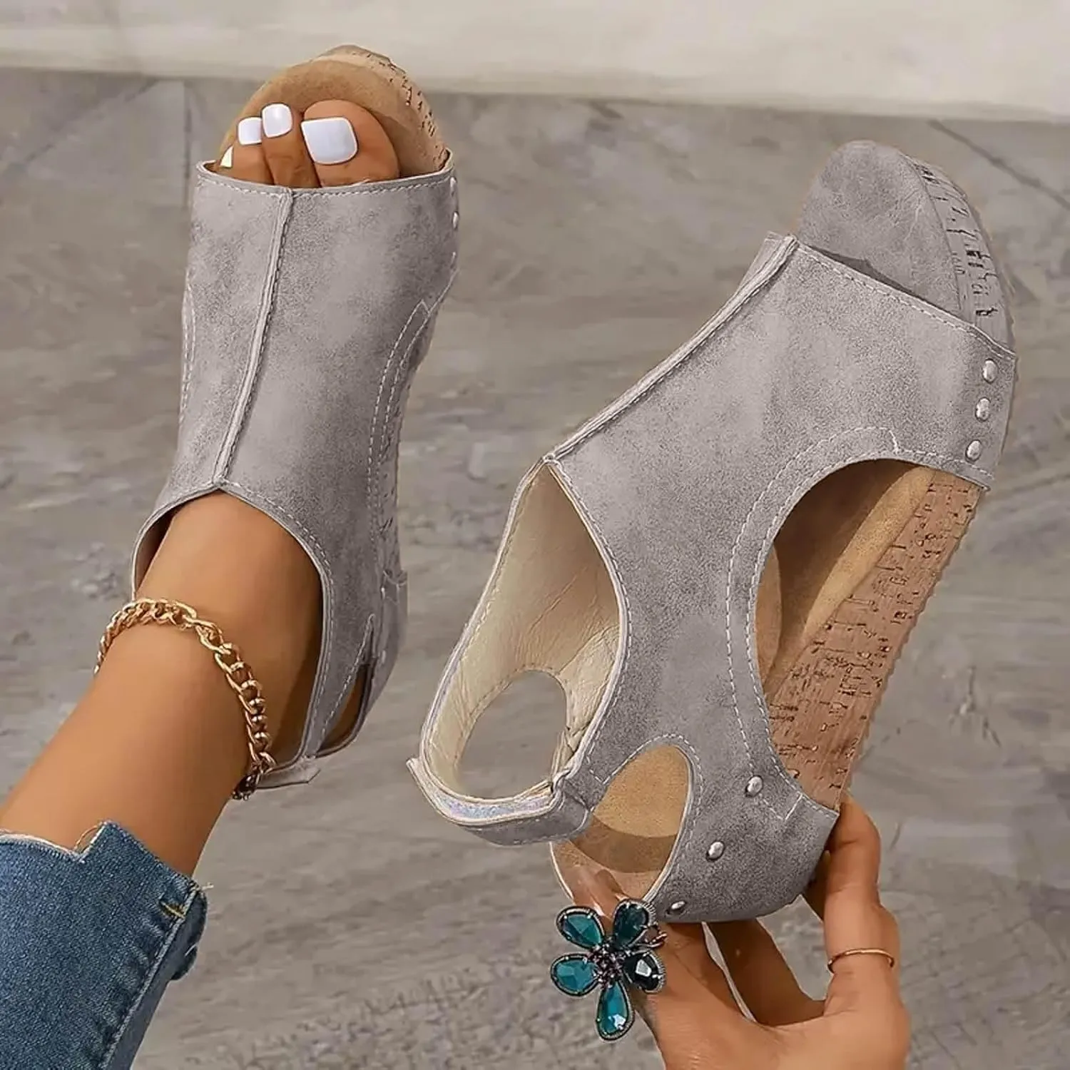 ZSpzx Womens Comfy Wedge Orthopedic Sandals Summer Platform Cork Wedges Women's Buckle Ankle Strap Sandal Comfortable Strappy Casual Ladies Shoes Sandalias Ortopédicas Para Mujer