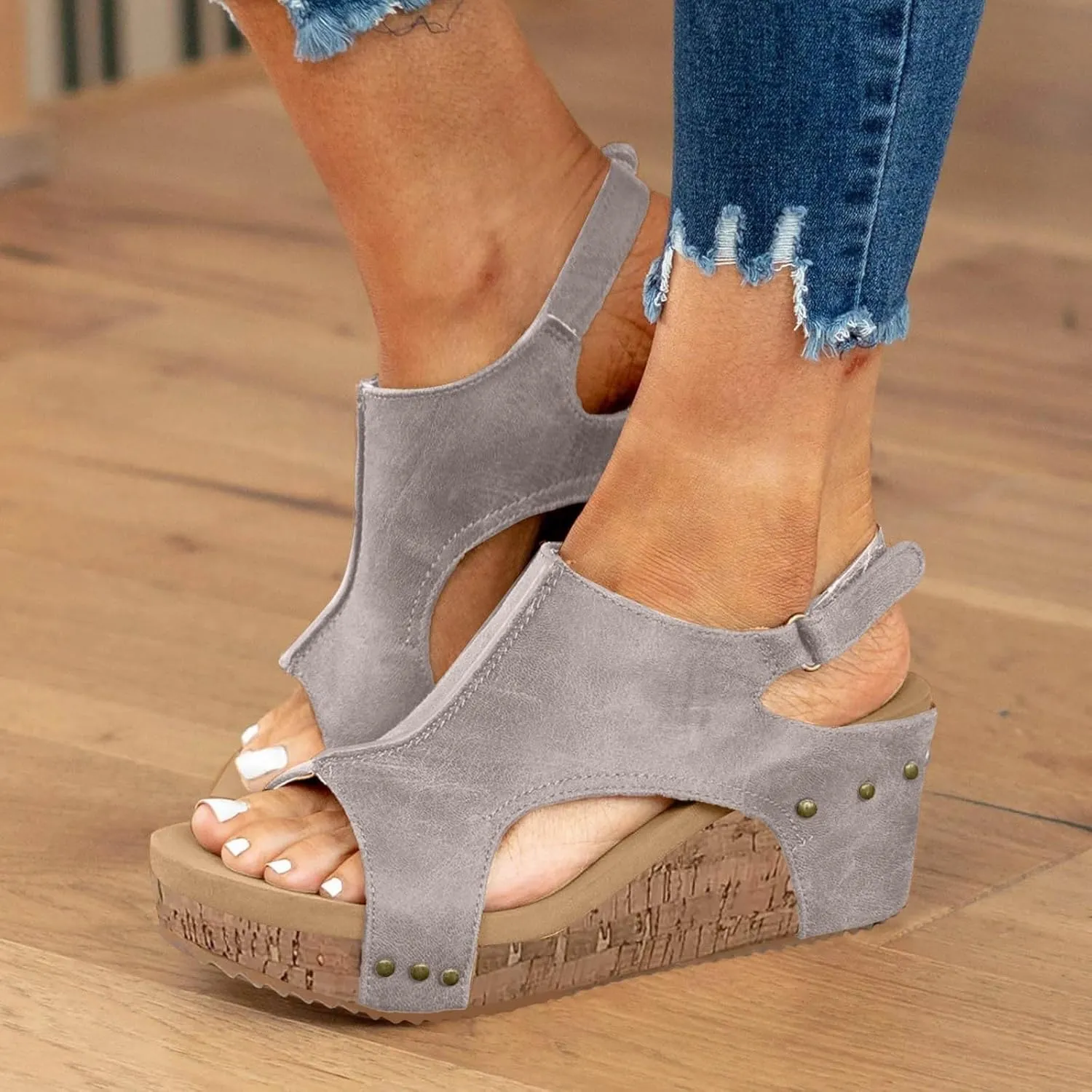 ZSpzx Womens Comfy Wedge Orthopedic Sandals Summer Platform Cork Wedges Women's Buckle Ankle Strap Sandal Comfortable Strappy Casual Ladies Shoes Sandalias Ortopédicas Para Mujer