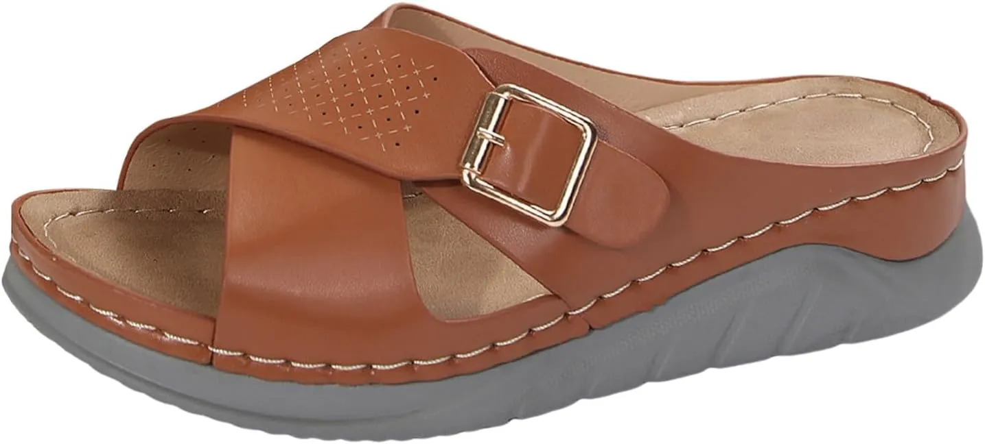ZSpzx Women's Slide Sandals,Wedge Sandals for Women Dressy Summer Open Toe Crisscross Straps Slip on Sandals Comfortable Slides Slippers Metal Memory Foam Walking Beach Plantar Fasciitis Shoes