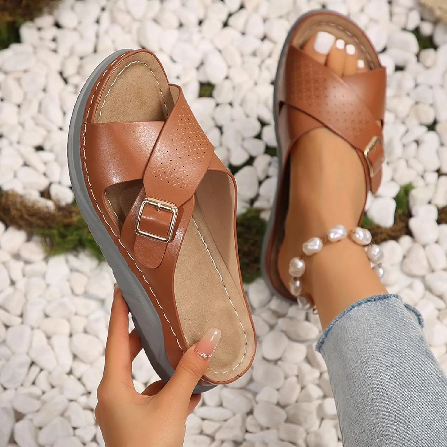 ZSpzx Women's Slide Sandals,Wedge Sandals for Women Dressy Summer Open Toe Crisscross Straps Slip on Sandals Comfortable Slides Slippers Metal Memory Foam Walking Beach Plantar Fasciitis Shoes