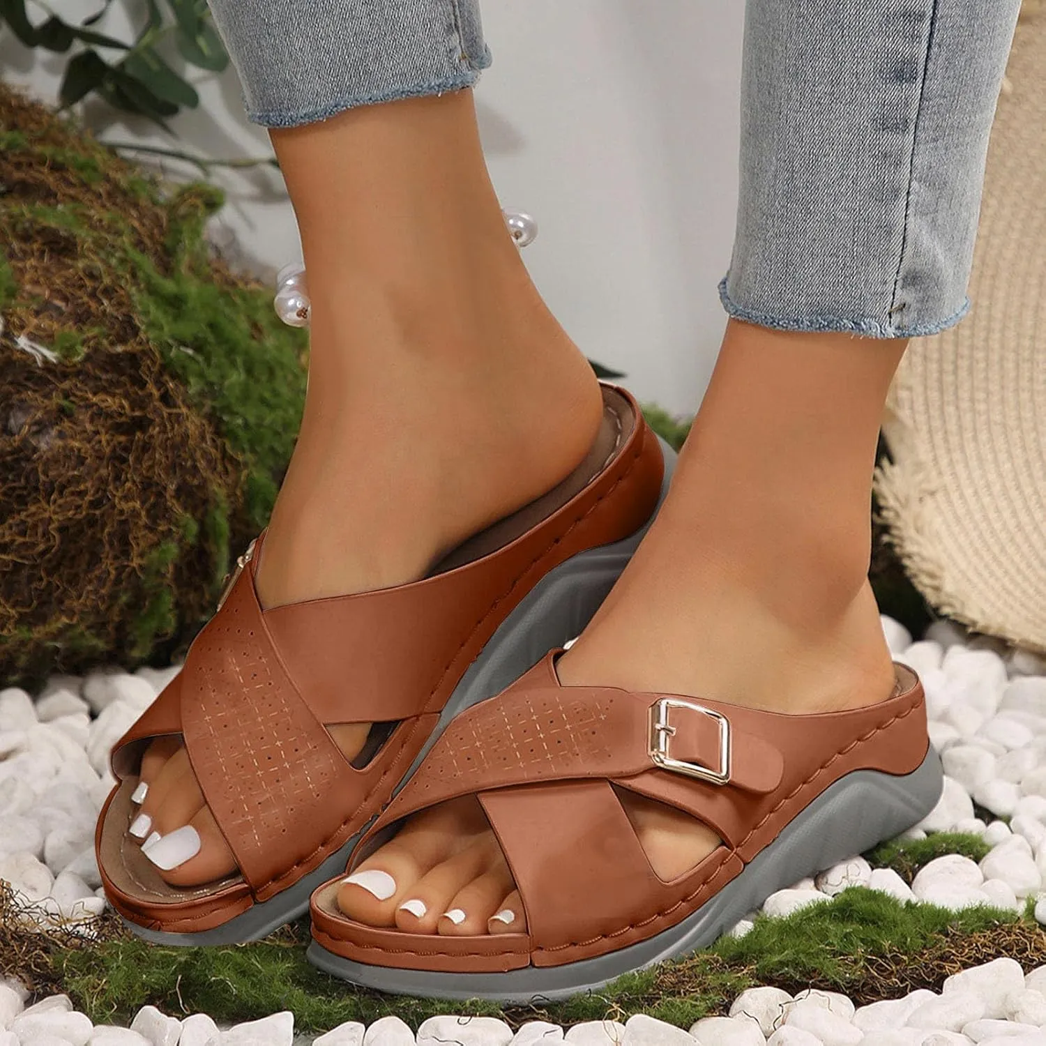 ZSpzx Women's Slide Sandals,Wedge Sandals for Women Dressy Summer Open Toe Crisscross Straps Slip on Sandals Comfortable Slides Slippers Metal Memory Foam Walking Beach Plantar Fasciitis Shoes