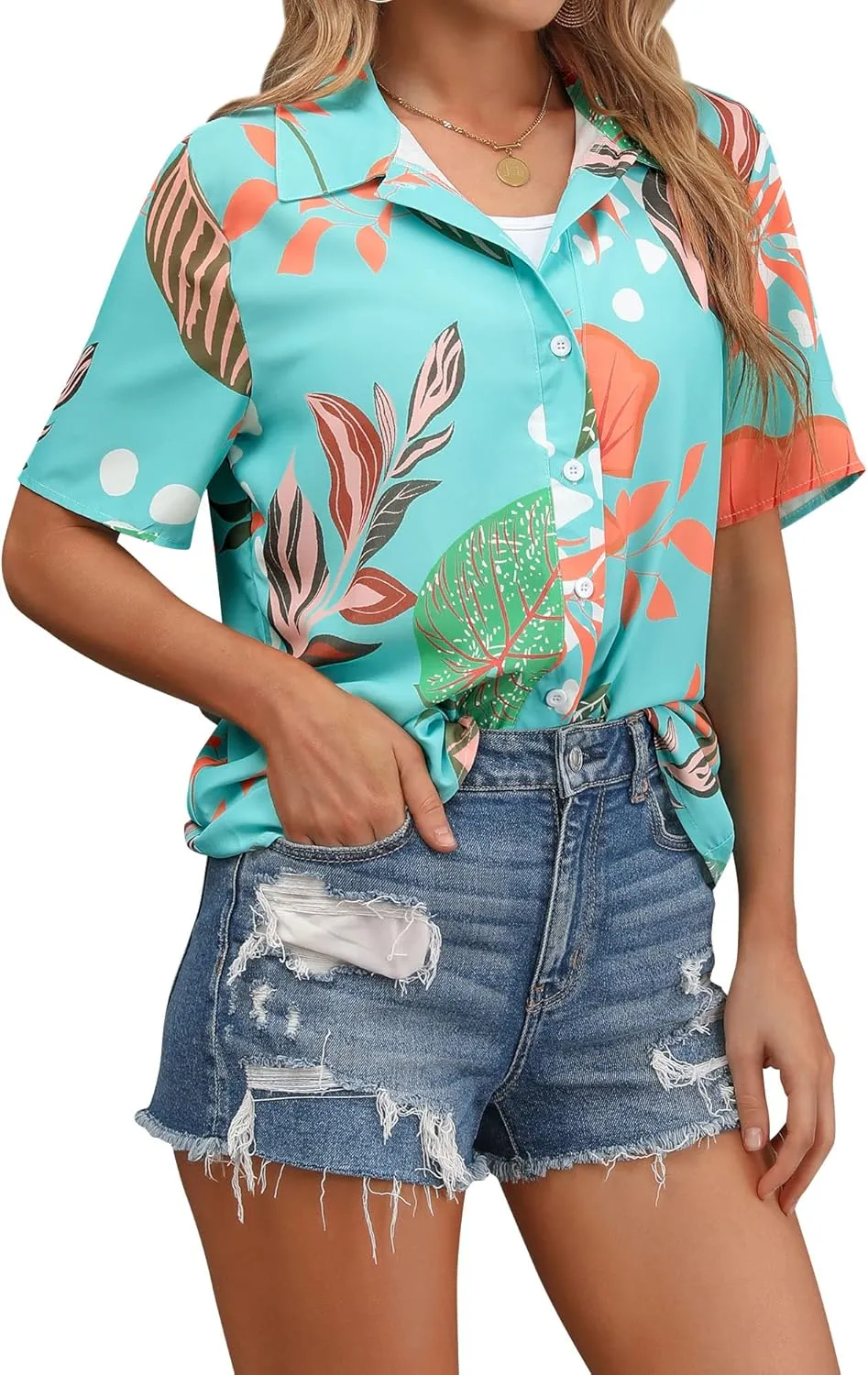 ZXZY Women Summer Hawaii Shirts Soft Cool Floral Tropic Print Short Sleeve Button Up Tops T-Shirt