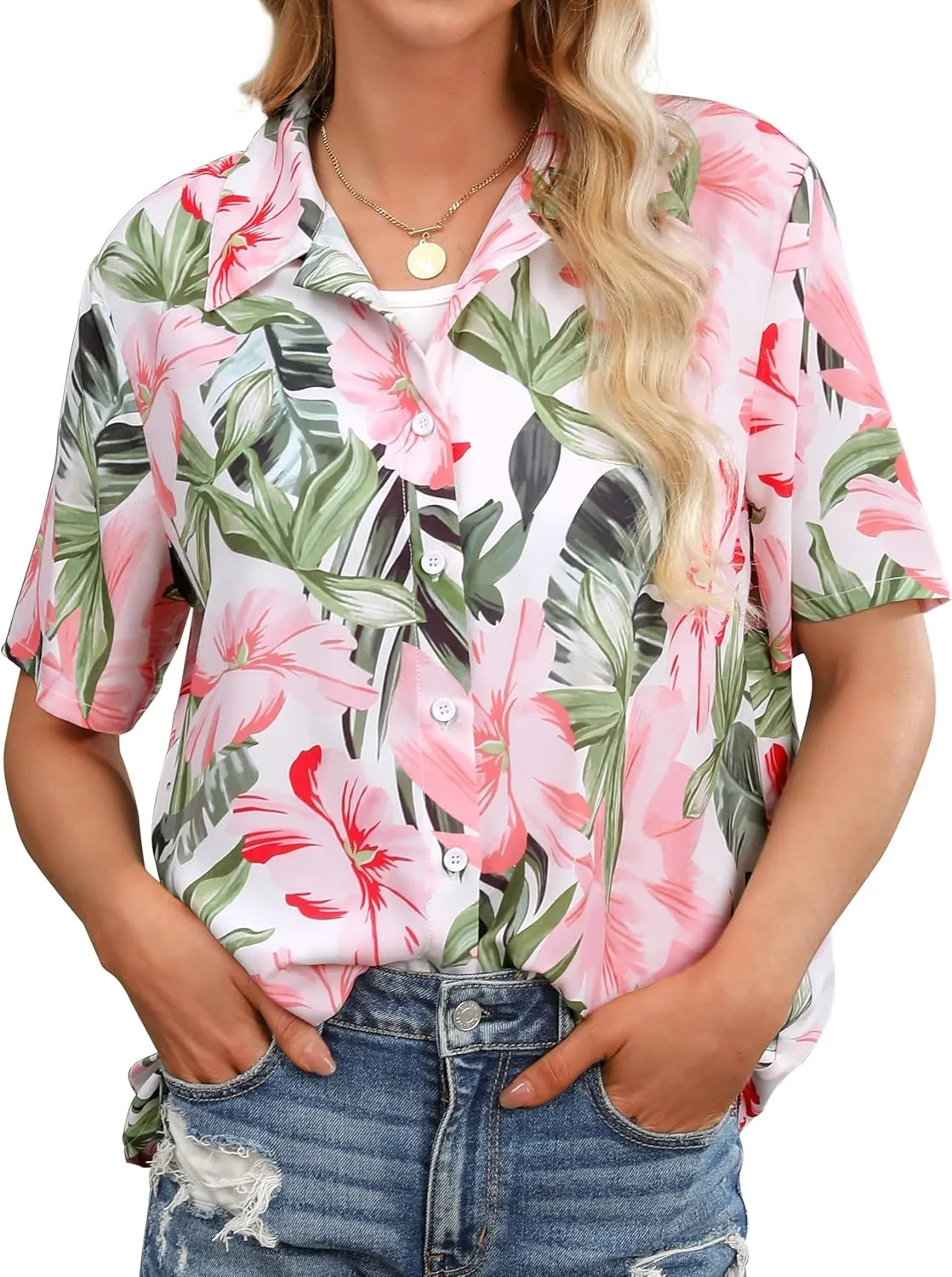 ZXZY Women Summer Hawaii Shirts Soft Cool Floral Tropic Print Short Sleeve Button Up Tops T-Shirt