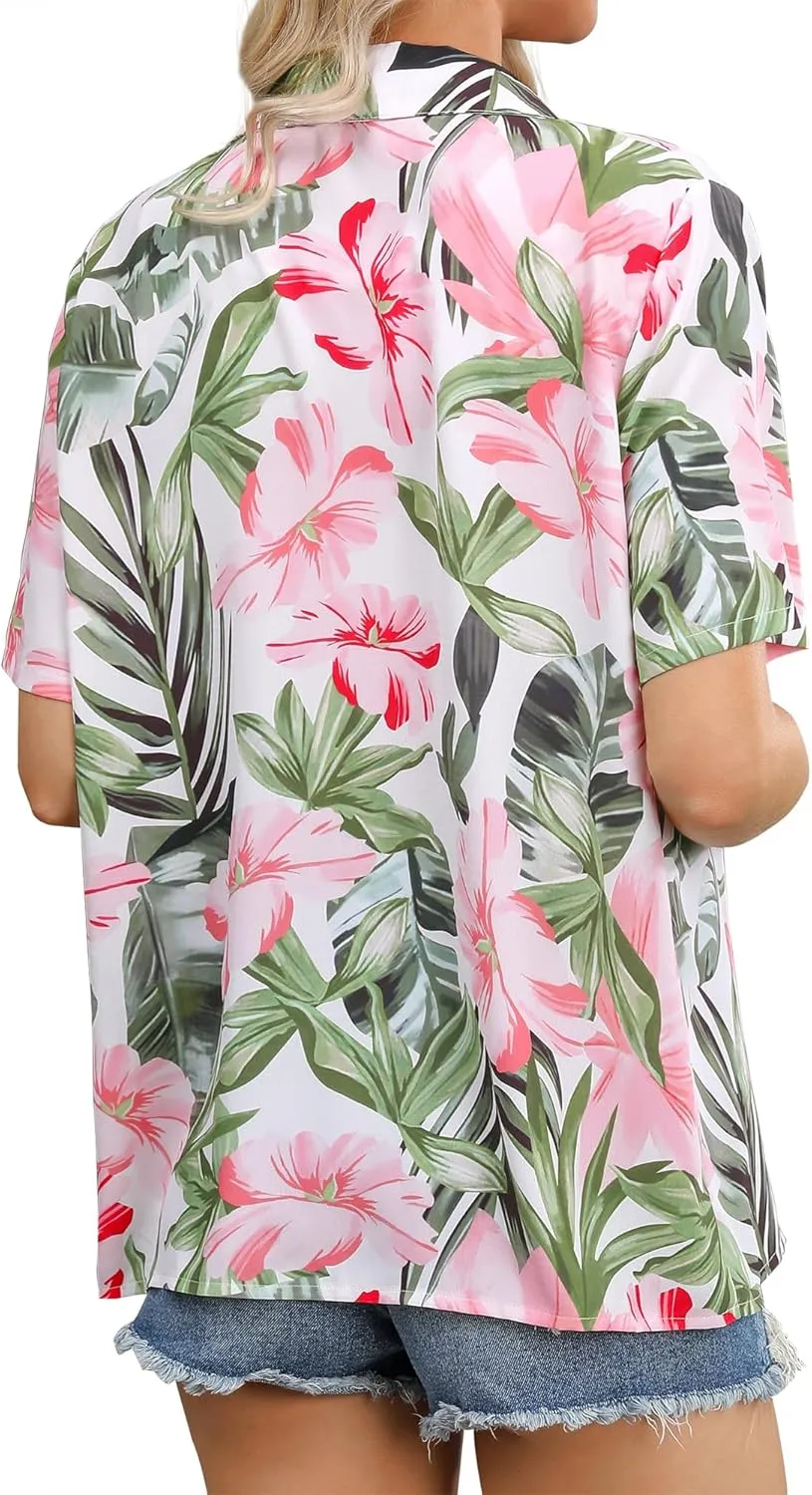 ZXZY Women Summer Hawaii Shirts Soft Cool Floral Tropic Print Short Sleeve Button Up Tops T-Shirt