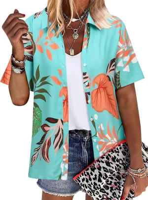 ZXZY Women Summer Hawaii Shirts Soft Cool Floral Tropic Print Short Sleeve Button Up Tops T-Shirt