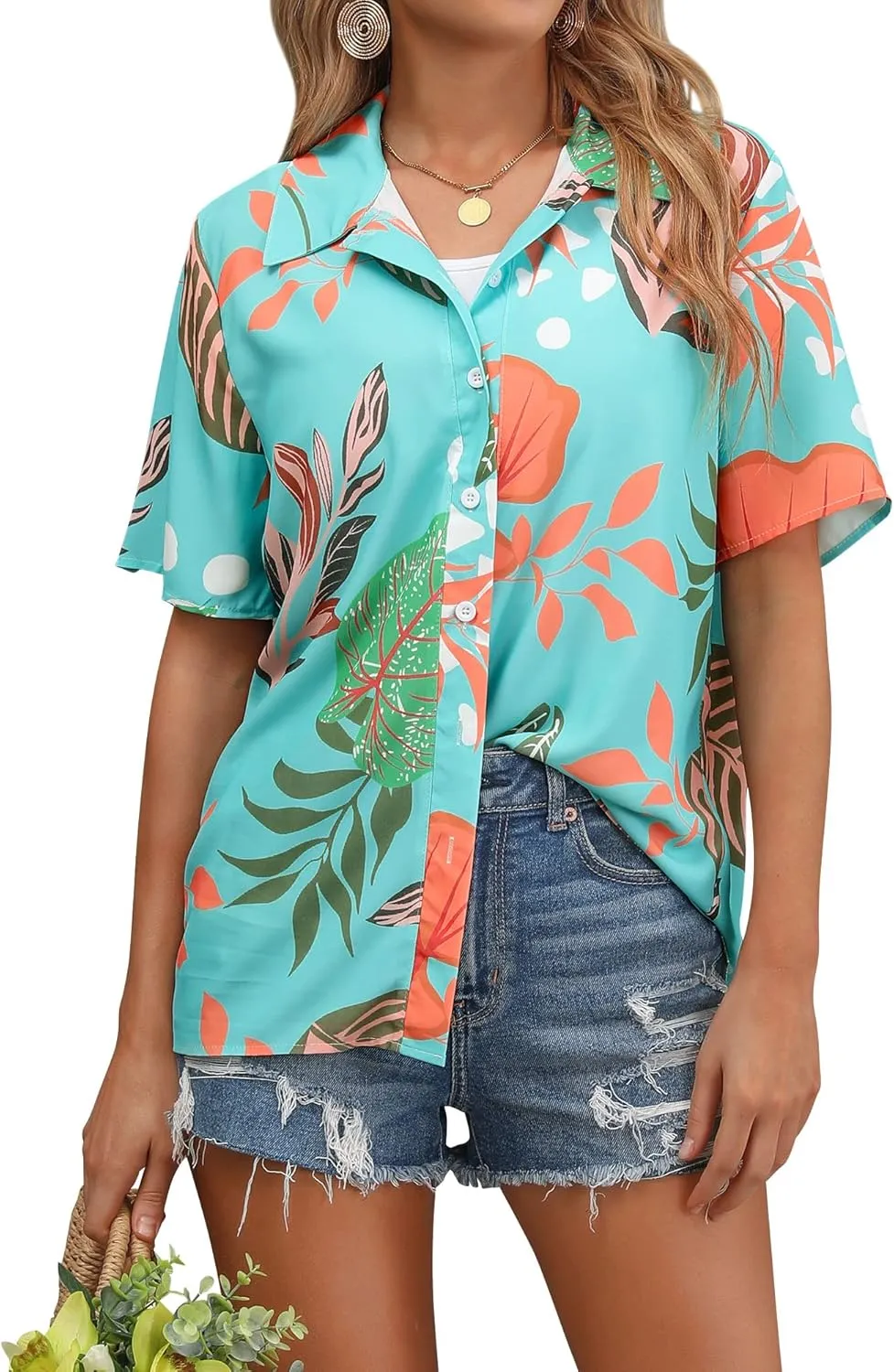 ZXZY Women Summer Hawaii Shirts Soft Cool Floral Tropic Print Short Sleeve Button Up Tops T-Shirt