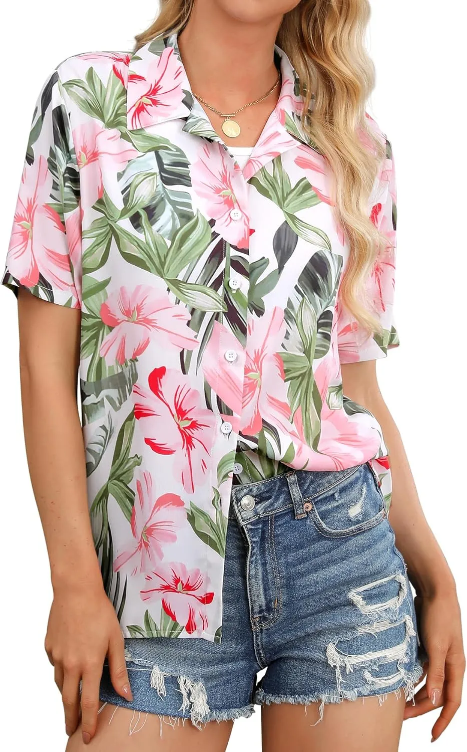 ZXZY Women Summer Hawaii Shirts Soft Cool Floral Tropic Print Short Sleeve Button Up Tops T-Shirt