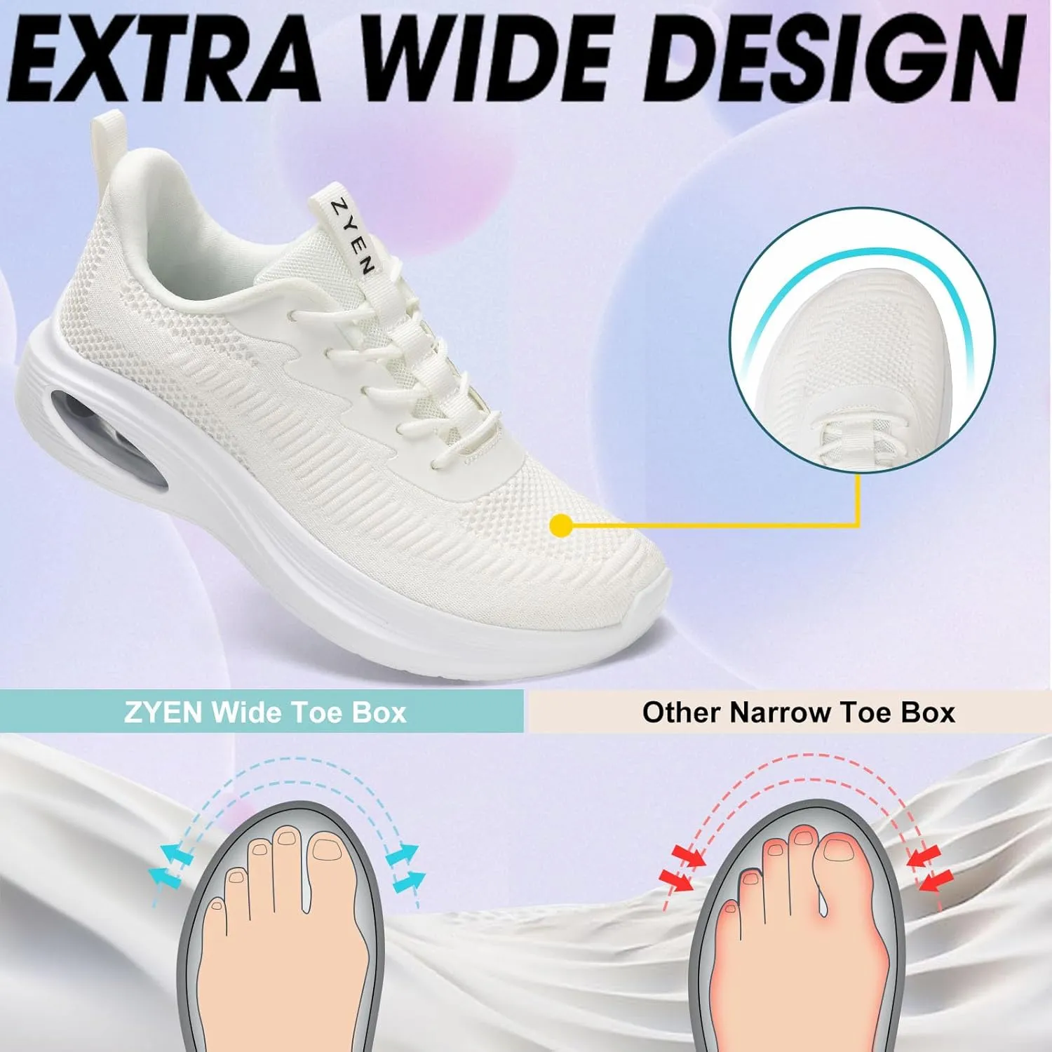 ZYEN Wide Toe Box Shoes Women Air Cushion Road Running Shoes Extra Wide Width Sneakers Arch Support Gym Athletic Tennis Sneakers Lightweight Breathable Walking Shoes