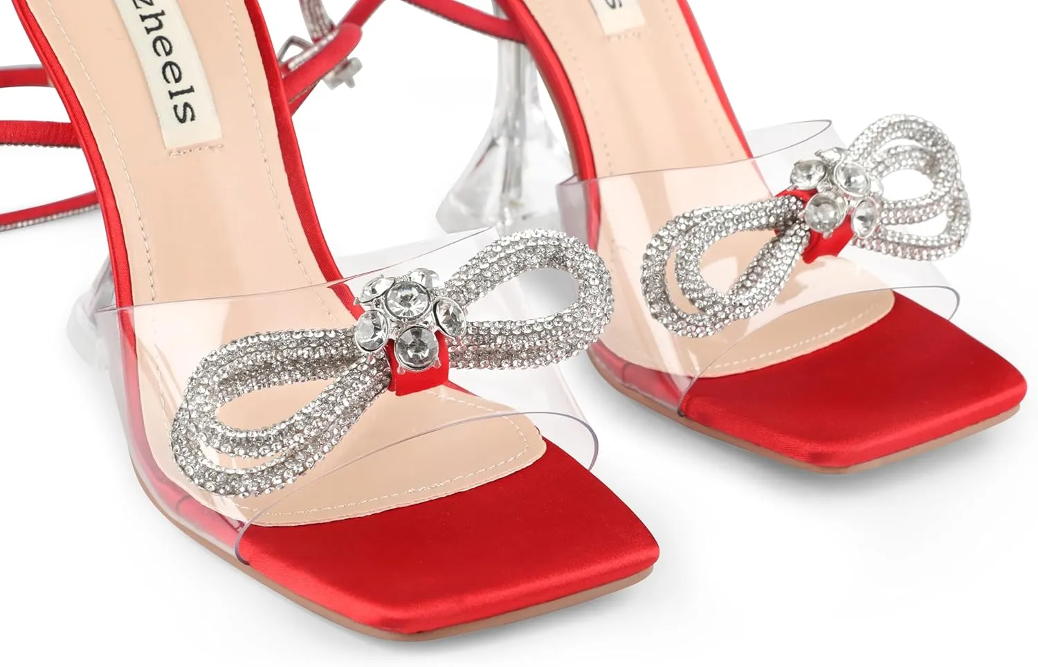 Zzheels Double Bowknots Crystal Sandals Clear Slingback Heels Square Toe Shoes for Party Wedding
