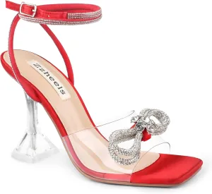 Zzheels Double Bowknots Crystal Sandals Clear Slingback Heels Square Toe Shoes for Party Wedding