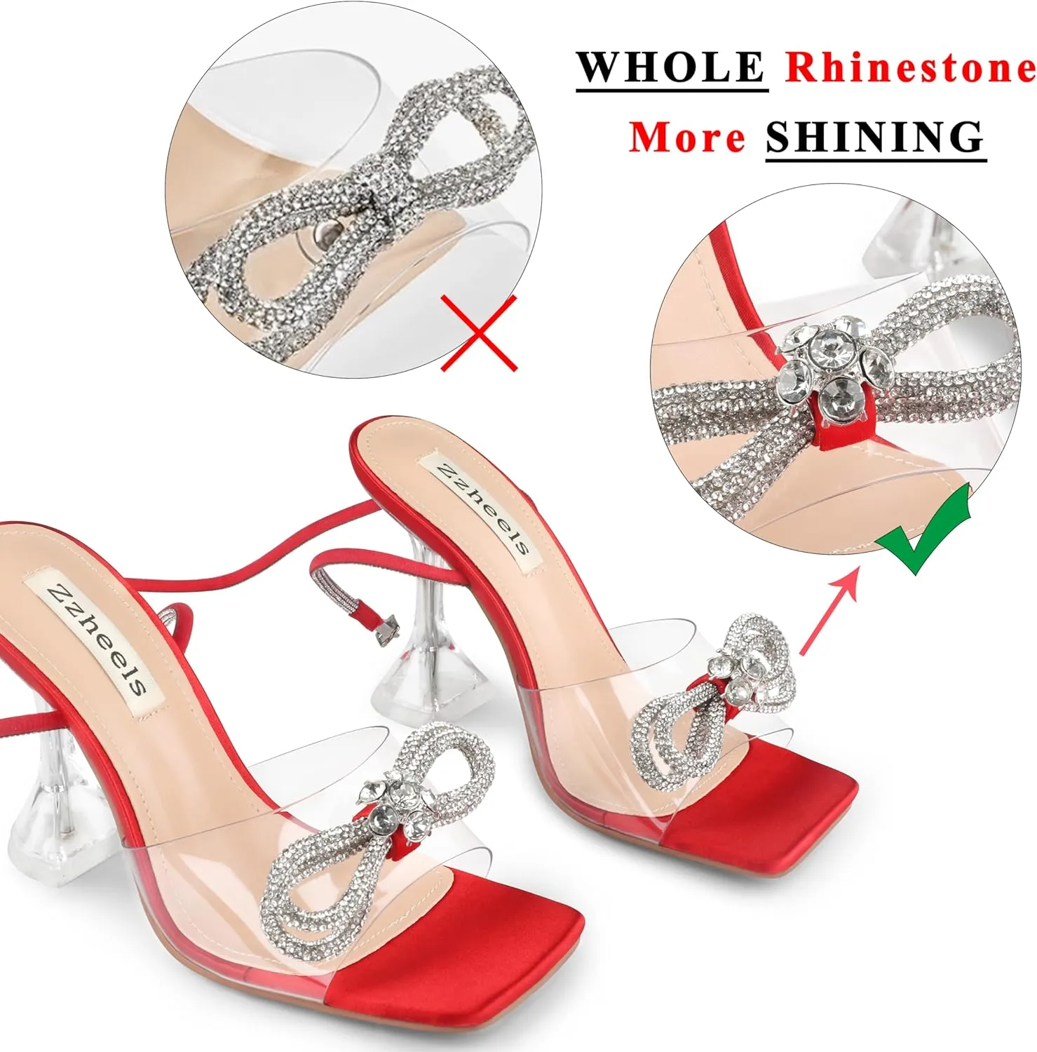 Zzheels Double Bowknots Crystal Sandals Clear Slingback Heels Square Toe Shoes for Party Wedding